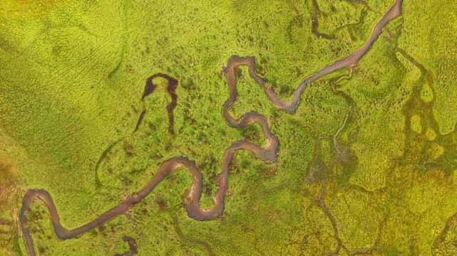 Aerial view of Phobjikha Valley's winding river snaking through vibrant green meadows, creating a stunning contrast of colors and textures, Nubding, Bhutan.