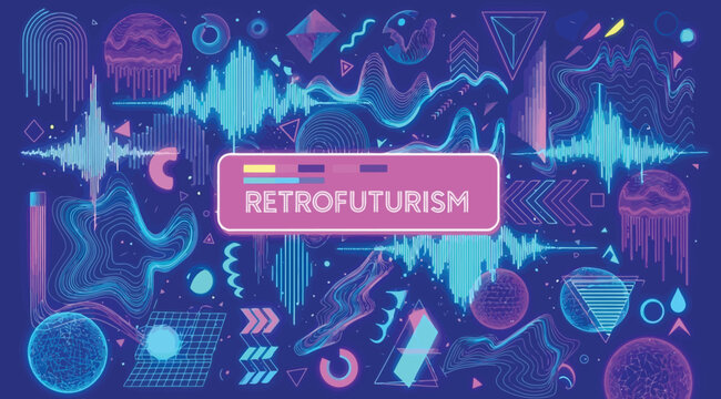 Retrofuturism neon pink and blue abstract background with various shapes and patterns