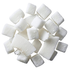Scattered sugar cubes on transparent background top view close up