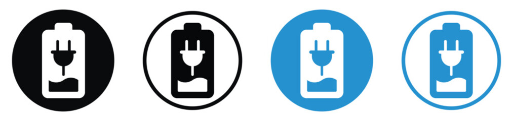 Obraz premium Battery charging icons featuring an electric plug with a lightning bolt. Four variations in black and blue circular frames representing power connection and active device charging status.