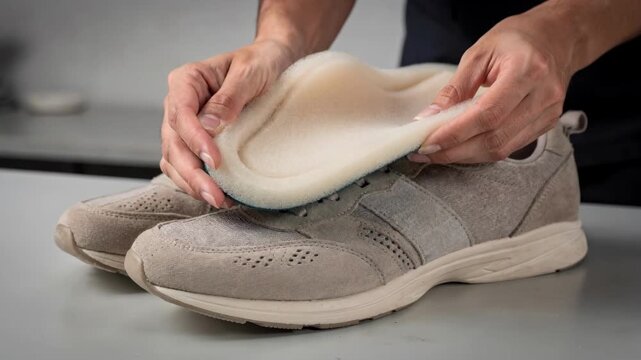 Closeup medium view of a technician installing comfort insoles made of soft foam into casual shoes highlighting ergonomic design and user ease.