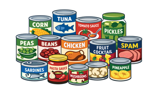 Collection of various non-perishable canned and jarred foods, representing food supply, storage, and relief efforts