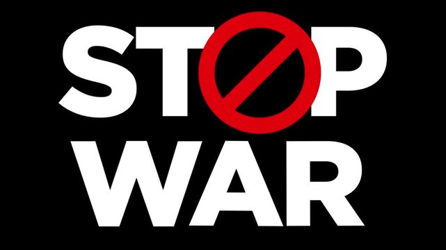 text animation of a stop war sign on black background