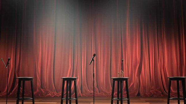 Ready Stage: A captivating stage is set, adorned with a luxurious red curtain, awaiting the spotlight and the stories it holds. Mics stand ready, and stools anticipate the performers.