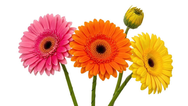 Isolated colorful gerbera daisy flowers in full bloom with a yellow bud on green stems