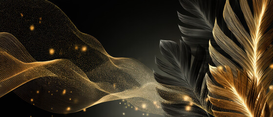 Naklejka premium Elegant black background featuring flowing golden mesh waves, metallic feather shapes, and glowing bokeh particles. Premium luxury backdrop for branding, invitations, and celebration designs.