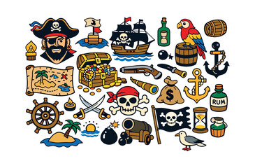 Fototapeta premium Collection of pirate and nautical adventure elements, featuring a treasure chest, compass, helm, rum bottle, and ship anchors