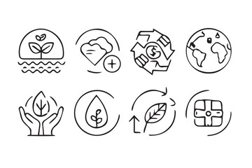 Fototapeta premium Eco-Friendly Icons Set Featuring Sustainable Elements Like Leaves, Water Droplets, Recycling Symbols, and Green Globe Illustrations for Environmental Conservation and Business Concepts