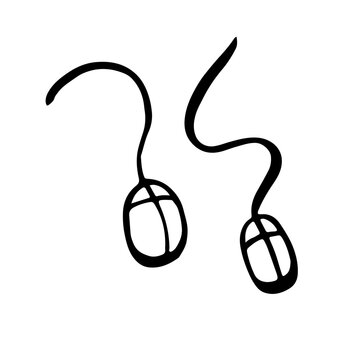 Hand-drawn doodle of two minimalist computer mice with long curved cords, representing technology, hardware, digital navigation, and creative peripheral device design