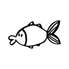 doodle of a minimalist fish character with a rounded body and a large tail fin, representing marine life, aquatic animals, and creative mascot design © Kamila Bay