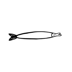 Hand-drawn doodle of a long, thin minimalist fish character with a small head and tail fin, representing marine life, aquatic species, and creative mascot © Kamila Bay