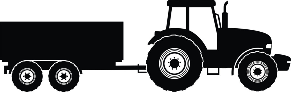 Tractor with trailer silhouette vector illustration, black farm machinery pulling cargo wagon for agriculture rural harvest transport and farming designs