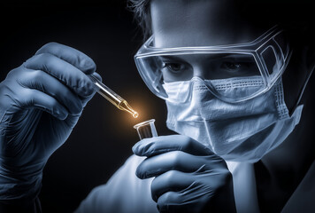 a scientist wearing protective glasses, mask, and gloves is holding an eyedropper with a liquid in it while looking at the drop of light yellow