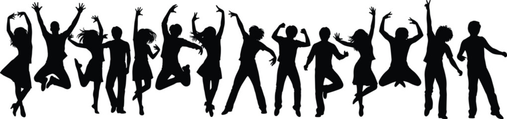 Obraz premium Group of jumping people silhouettes vector illustration, happy dancing crowd isolated on white background celebration concept design