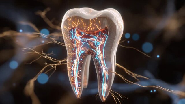 Anatomical tooth structure: A detailed cross-section reveals the intricate internal anatomy of a tooth, showcasing its root canal, blood vessels, and nerve endings in a stylized.