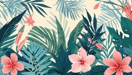 Fototapeta premium template featuring a vibrant arrangement of tropical leaves and flowers in a modern floral illustration style, rendered in flat design