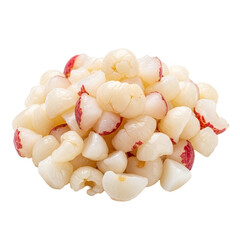 Fresh peeled lychees with red skin pieces isolated on transparent
