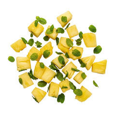 Diced pineapple with mint on transparent background