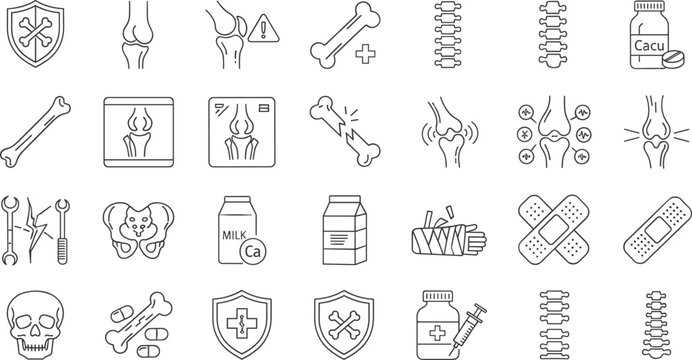 Medical bone and joint health line icon set featuring human skeleton anatomy, orthopedic care, fracture treatment, calcium supplements, and spinal healthcare symbols for healthcare design.