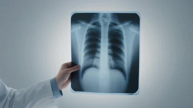 Doctor holding a chest x-ray film, examining the lungs and rib cage for diagnosis