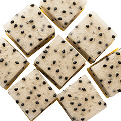 Arrangement of white dragon fruit cubes on transparent background