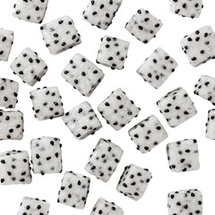 Dragon fruit cubes scattered on checkered background high angle