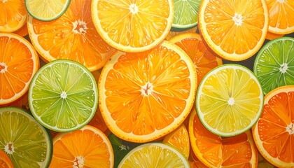 Obraz premium A vibrant arrangement of sliced citrus fruits