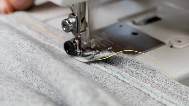 Closeup on an overlock sewing machine with integrated sensors adjusting thread tension dynamically for perfect seam finish on knit materials.