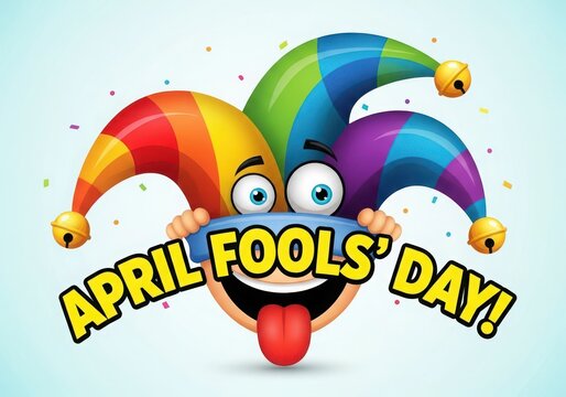 Colorful jester hat celebrating april fools day with cheerful face and text