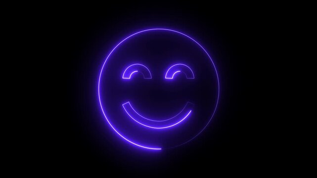 Glowing Blue Smiling Face Emoticon Neon Sign on Black Background for Digital Media and Communication 4k video.