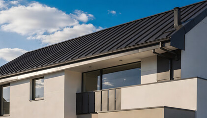 Fototapeta premium Modern residential building exterior featuring a sleek black metal roof, white facade, and large windows under a bright blue sky with sparse clouds, showcasing contemporary architecture