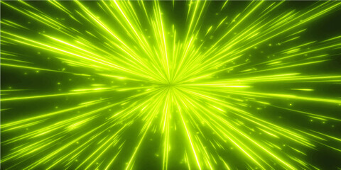 Obraz premium A bright digital art illustration featuring a green abstract explosion with fractal motion rays and blue light lines creating a textured wallpaper pattern in space
