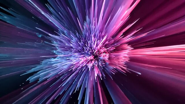 Vibrant purple and pink lights burst outward in space  