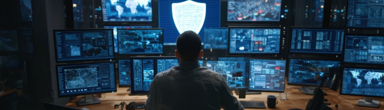 A person monitors multiple digital screens displaying maps and data in a high-tech control room or cybersecurity center, AI collaboration technology background