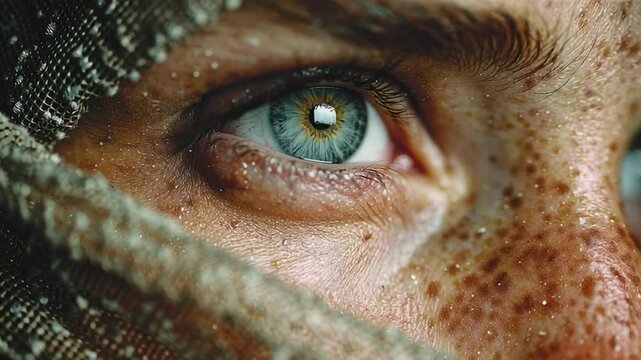 Intriguing Gaze: A captivating close-up of a human eye, revealing a window to the soul, adorned with freckles, droplets and veiled by a textured fabric.