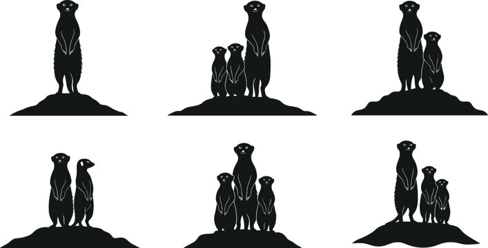 Black Silhouette Vector Set of Meerkat Family Standing on Hill Isolated on White Background for African Safari Wildlife Nature Design