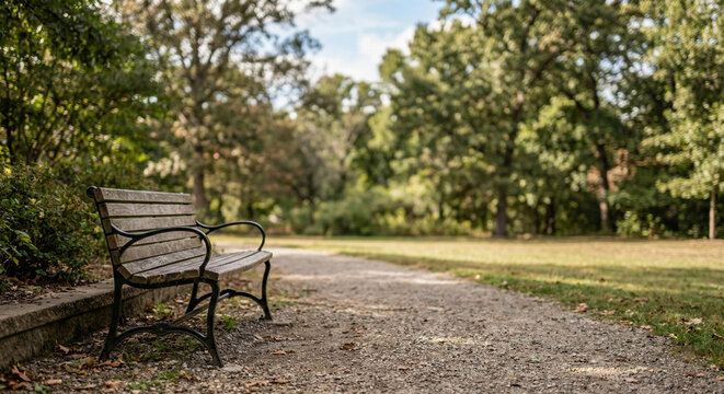 Empty park bench with blurred green background and copy space