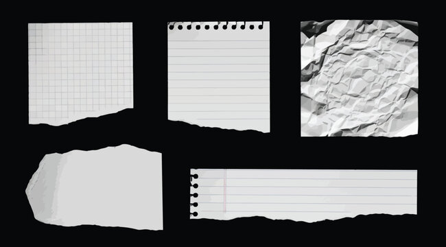 Collection of various torn paper textures and lined paper sheets on black background
