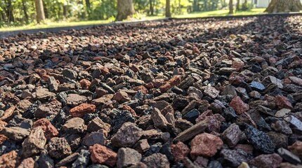 Fototapeta premium Gravel pathway surrounded by trees near a house during daylight