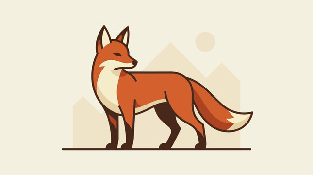 A red fox standing in a landscape with mountains in the background, side view, flat design illustration.