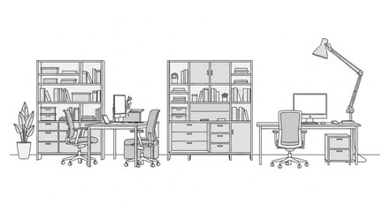 Modern Home Office Setup with Bookshelves and Desk. © Rian