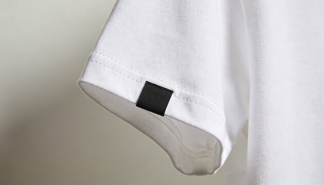 Minimalist white t-shirt sleeve detail with blank black square label attached for branding opportunities on plain garment fabric