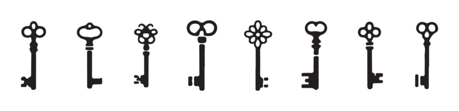 Various old keys black silhouette set antique style isolated on white background