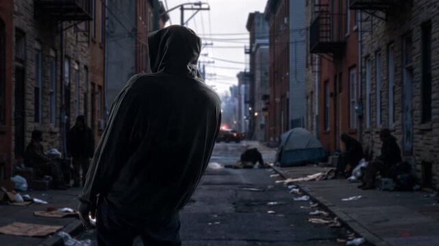Concealed Person Cautiously Advances Through Messy Alley Filled With Tents And Scattered Trash