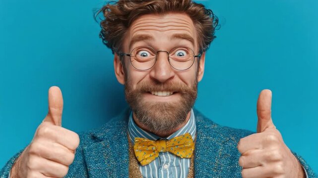 Enthusiastic Man with Glasses Gives Thumbs Up: A quirky man with curly hair, beard, and round glasses expresses excitement and approval by giving two thumbs up, wearing a bowtie and tweed jacket.