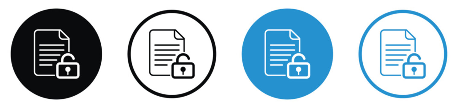 Document icon paired with a unlock padlock symbol to indicate secure data, encrypted files, or privacy protection. Perfect for cybersecurity, legal, and confidential business web interfaces.