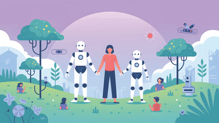 Obraz premium Human and robots holding hands in a stylized park landscape