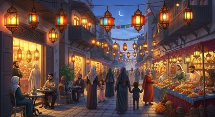 Obraz premium Vibrant Night Market Scene with Lanterns and People.