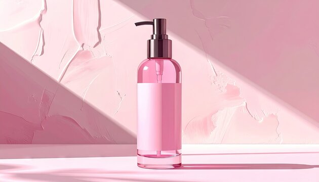 A pink glass bottle with a pump dispenser is featured in a minimalist composition, displaying a modern aesthetic, with a backdrop showcasing textured, light pink paint and strong shadows,...