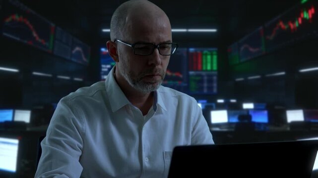 Live Trader Observes Fluctuating Charts. Focused Trader Watches Dynamic Market Movements Closely